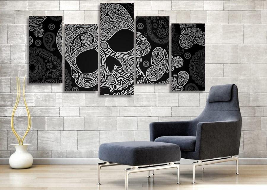 Black White Skull Skeleton - Abstract 5 Panel Canvas Art Wall Decor Black White Skull Skeleton - Abstract 5 Panel Canvas Art Wall Decor