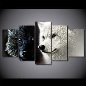 Black White Wolf Wolves 1 - Animal 5 Panel Canvas Art Wall Decor