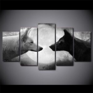 Black / White Wolf Wolves Wolfs Moon 1 - Animal 5 Panel Canvas Art Wall Decor
