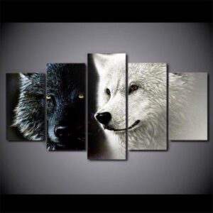 Black & White Wolves - Animal 5 Panel Canvas Art Wall Decor