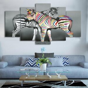 Black White and colored Zebra Couple - Animal 5 Panel Canvas Art Wall Decor
