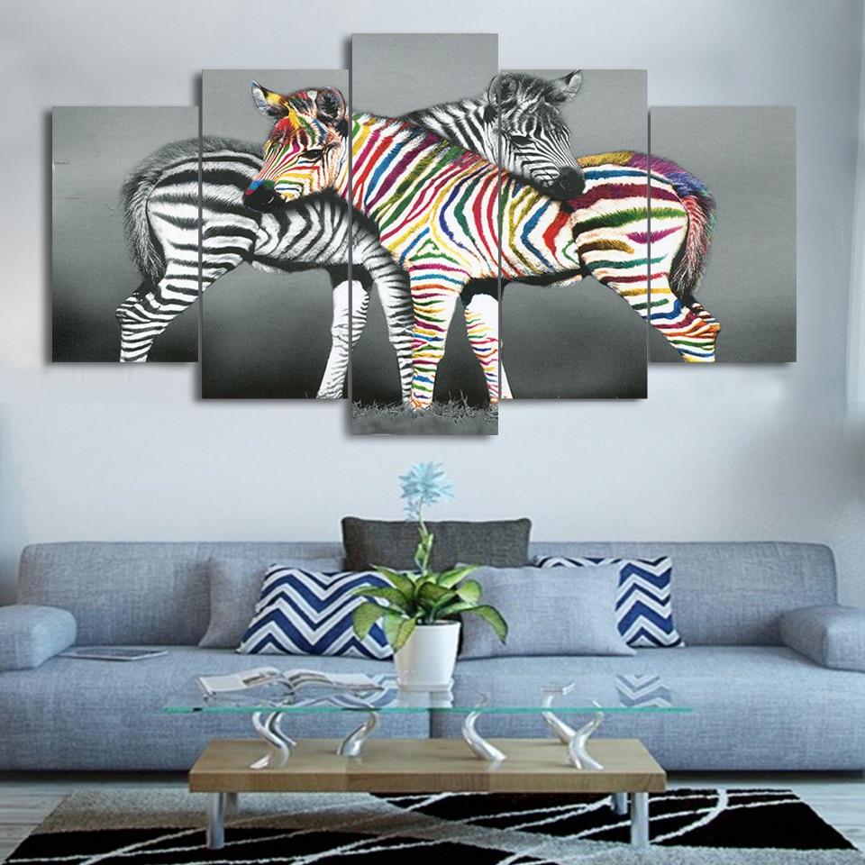 Black White and colored Zebra Couple - Animal 5 Panel Canvas Art Wall Decor Black White and colored Zebra Couple - Animal 5 Panel Canvas Art Wall Decor