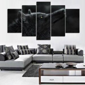 Black Wolf Into The Night - Animal 5 Panel Canvas Art Wall Decor