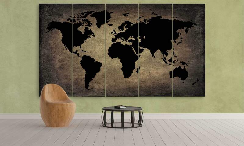 Black World Map On Metal - World Map 5 Panel Canvas Art Wall Decor Black World Map On Metal - World Map 5 Panel Canvas Art Wall Decor