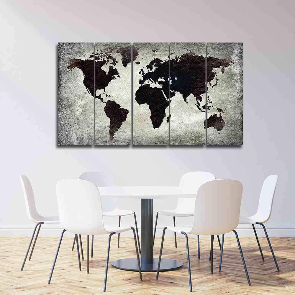 Black World Map On Rock - World Map 5 Panel Canvas Art Wall Decor Black World Map On Rock - World Map 5 Panel Canvas Art Wall Decor