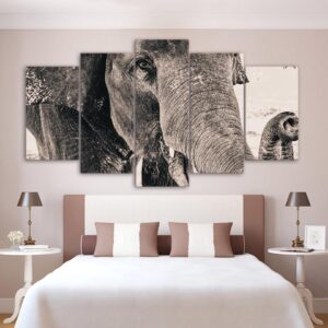 Black and White Elephant 01 - Animal 5 Panel Canvas Art Wall Decor