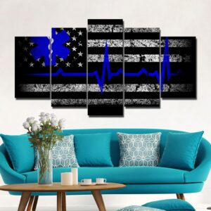 Black and white american flag Blue - Abstract 5 Panel Canvas Art Wall Decor
