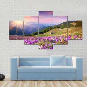 Blossom Of Crocuses At Spring In The Mountains - Nature 5 Panel Canvas Art Wall Decor