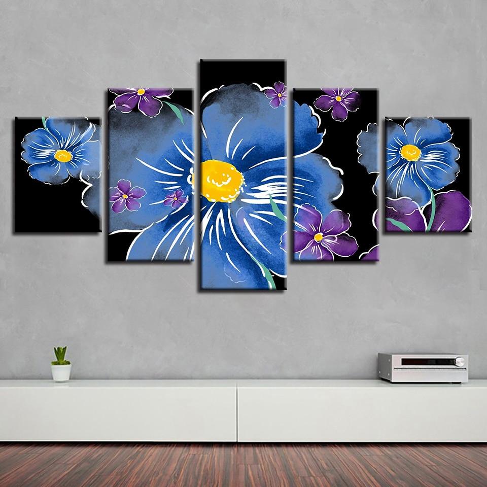 Blue And Purple Flowers - Nature 5 Panel Canvas Art Wall Decor Blue And Purple Flowers - Nature 5 Panel Canvas Art Wall Decor