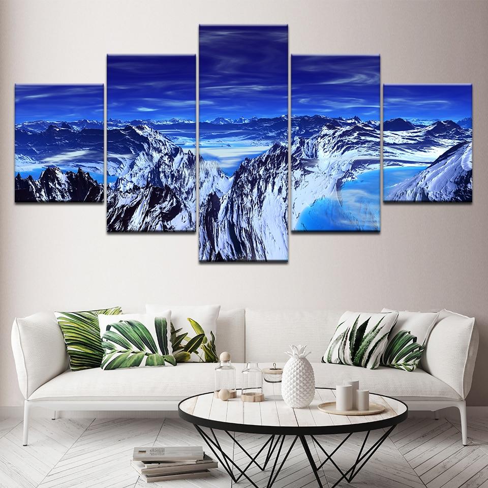 Blue Aurora Borealis Snow Mountain - Nature 5 Panel Canvas Art Wall Decor Blue Aurora Borealis Snow Mountain - Nature 5 Panel Canvas Art Wall Decor