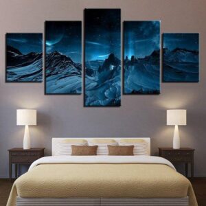 Blue Aurora Snow Mountain - Nature 5 Panel Canvas Art Wall Decor