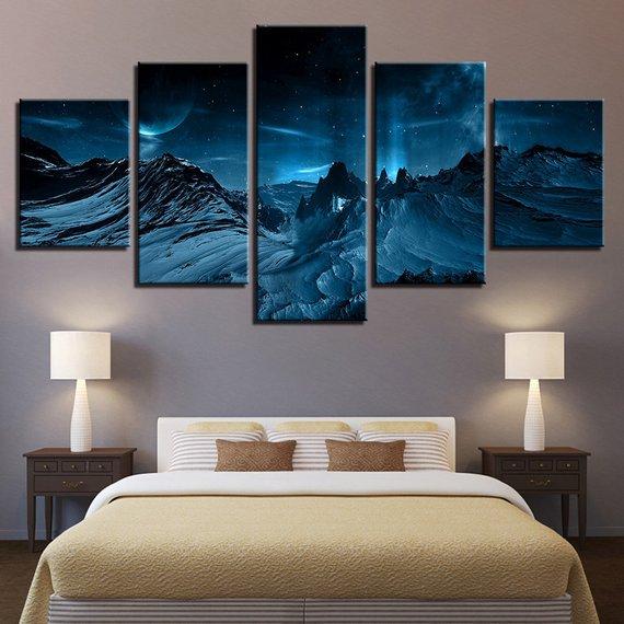 Blue Aurora Snow Mountain - Nature 5 Panel Canvas Art Wall Decor Blue Aurora Snow Mountain - Nature 5 Panel Canvas Art Wall Decor