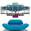 Blue Big Teal Blue Tree Red Chair - Nature 5 Panel Canvas Art Wall Decor