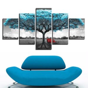 Blue Big Teal Blue Tree Red Chair - Nature 5 Panel Canvas Art Wall Decor