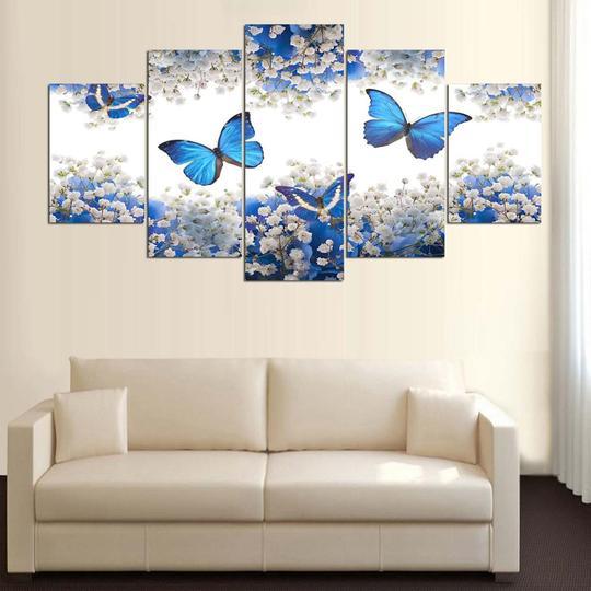 Blue Butterflies - Nature 5 Panel Canvas Art Wall Decor Blue Butterflies - Nature 5 Panel Canvas Art Wall Decor