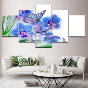 Blue Butterfly Flowers - Nature 5 Panel Canvas Art Wall Decor