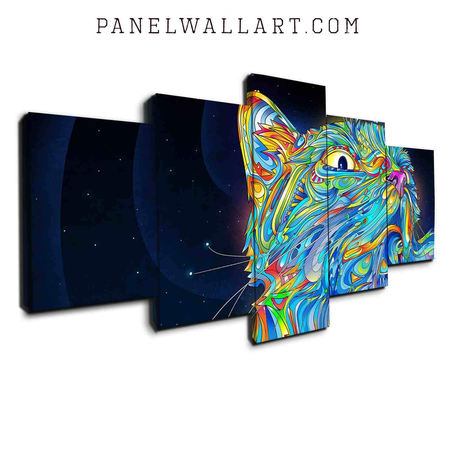 Blue Cat 1 - Abstract Animal 5 Panel Canvas Art Wall Decor Blue Cat 1 - Abstract Animal 5 Panel Canvas Art Wall Decor