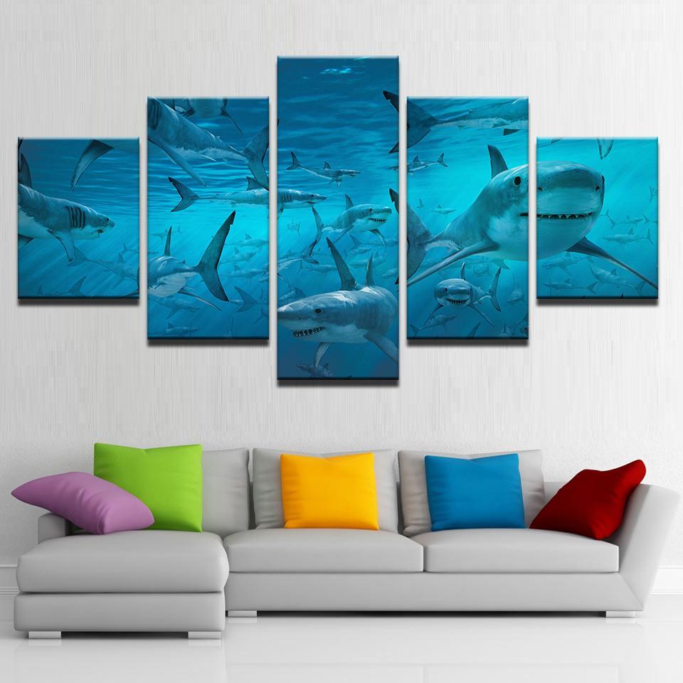 Blue Deep Sea Shark Swarm - Animal 5 Panel Canvas Art Wall Decor Blue Deep Sea Shark Swarm - Animal 5 Panel Canvas Art Wall Decor