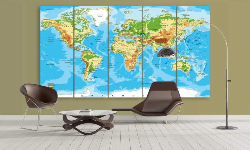 Blue Elevated World Map - World Map 5 Panel Canvas Art Wall Decor Blue Elevated World Map - World Map 5 Panel Canvas Art Wall Decor