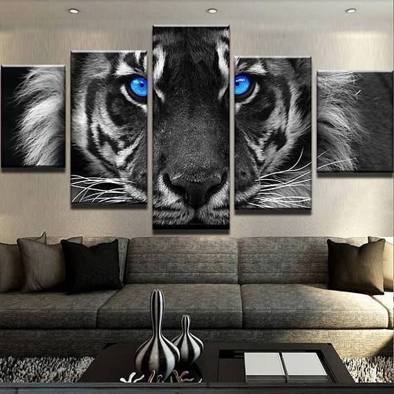 Blue Eyed Tiger Animal - 5 Panel Canvas Art Wall Decor Blue Eyed Tiger Animal - 5 Panel Canvas Art Wall Decor