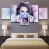 Blue Eyes Girl Beautiful Woman With Flower Wreath Purple - Abstract 5 Panel Canvas Art Wall Decor