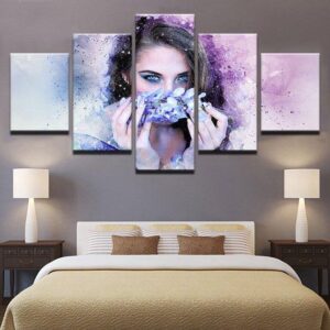 Blue Eyes Girl Beautiful Woman With Flower Wreath Purple - Abstract 5 Panel Canvas Art Wall Decor