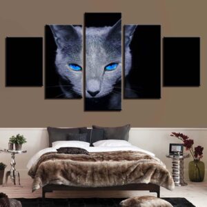 Blue Eyes Gray Cat - Animal 5 Panel Canvas Art Wall Decor