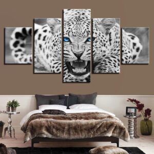 Blue Eyes Leopard Tiger Animal - Animal 5 Panel Canvas Art Wall Decor