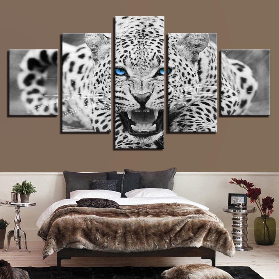 Blue Eyes Leopard Tiger Animal - Animal 5 Panel Canvas Art Wall Decor Blue Eyes Leopard Tiger Animal - Animal 5 Panel Canvas Art Wall Decor