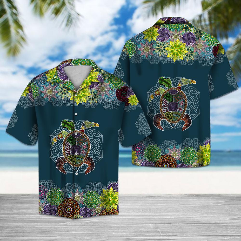Blue Mandala Sea Turtle Hawaiian Shirt Summer Button Up Blue Mandala Sea Turtle Hawaiian Shirt Summer Button Up