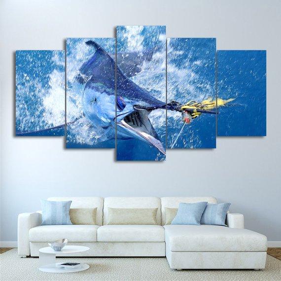 Blue Marlin Master Angler - Animal 5 Panel Canvas Art Wall Decor Blue Marlin Master Angler - Animal 5 Panel Canvas Art Wall Decor