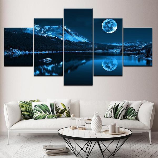 Blue Moon Night Scene - Nature 5 Panel Canvas Art Wall Decor Blue Moon Night Scene - Nature 5 Panel Canvas Art Wall Decor