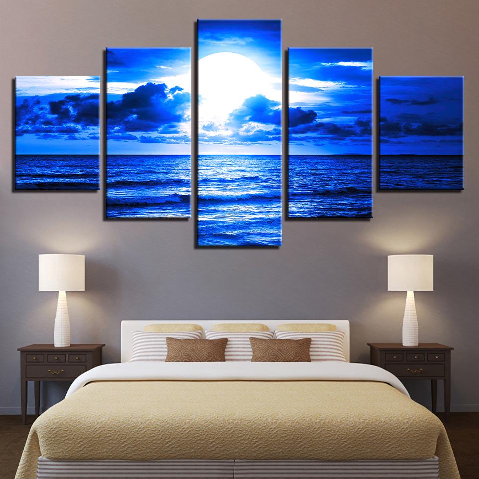 Blue Moonlit Night - Space 5 Panel Canvas Art Wall Decor Blue Moonlit Night - Space 5 Panel Canvas Art Wall Decor