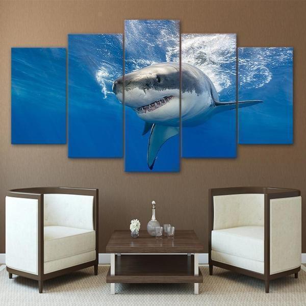 Blue Ocean Huge Shark Animal - 5 Panel Canvas Art Wall Decor Blue Ocean Huge Shark Animal - 5 Panel Canvas Art Wall Decor