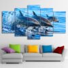 Blue Ocean Jumping Dolphin - Animal 5 Panel Canvas Art Wall Decor