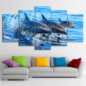 Blue Ocean Jumping Dolphin - Animal 5 Panel Canvas Art Wall Decor