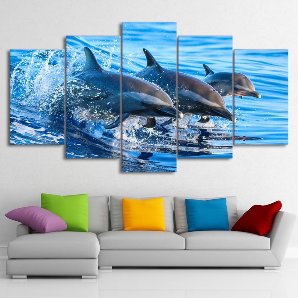 Blue Ocean Jumping Dolphin - Animal 5 Panel Canvas Art Wall Decor Blue Ocean Jumping Dolphin - Animal 5 Panel Canvas Art Wall Decor