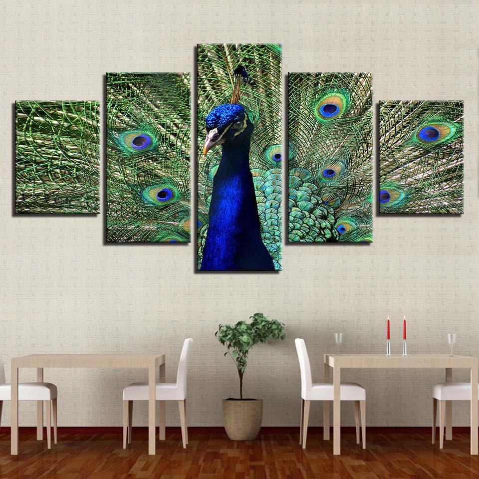 Blue Peacock 1 - Animal 5 Panel Canvas Art Wall Decor Blue Peacock 1 - Animal 5 Panel Canvas Art Wall Decor