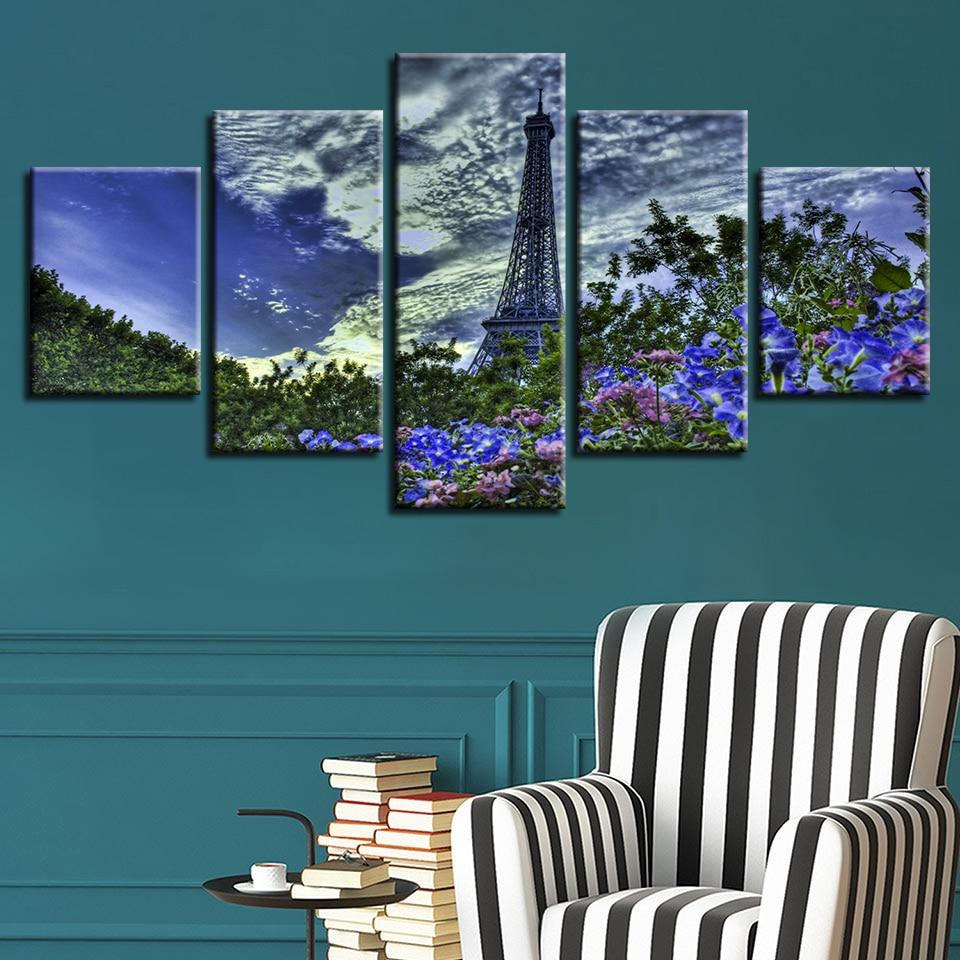 Blue Pink Flower And Green Tree - Nature 5 Panel Canvas Art Wall Decor Blue Pink Flower And Green Tree - Nature 5 Panel Canvas Art Wall Decor
