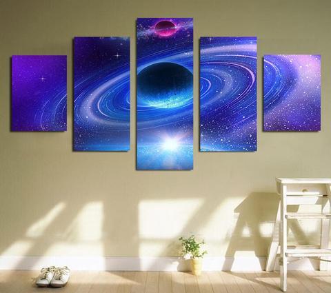 Blue Planet With Rings - Space 5 Panel Canvas Art Wall Decor Blue Planet With Rings - Space 5 Panel Canvas Art Wall Decor