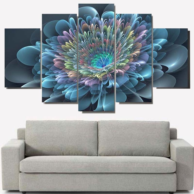 Blue Rainbow Flowers - Nature 5 Panel Canvas Art Wall Decor Blue Rainbow Flowers - Nature 5 Panel Canvas Art Wall Decor