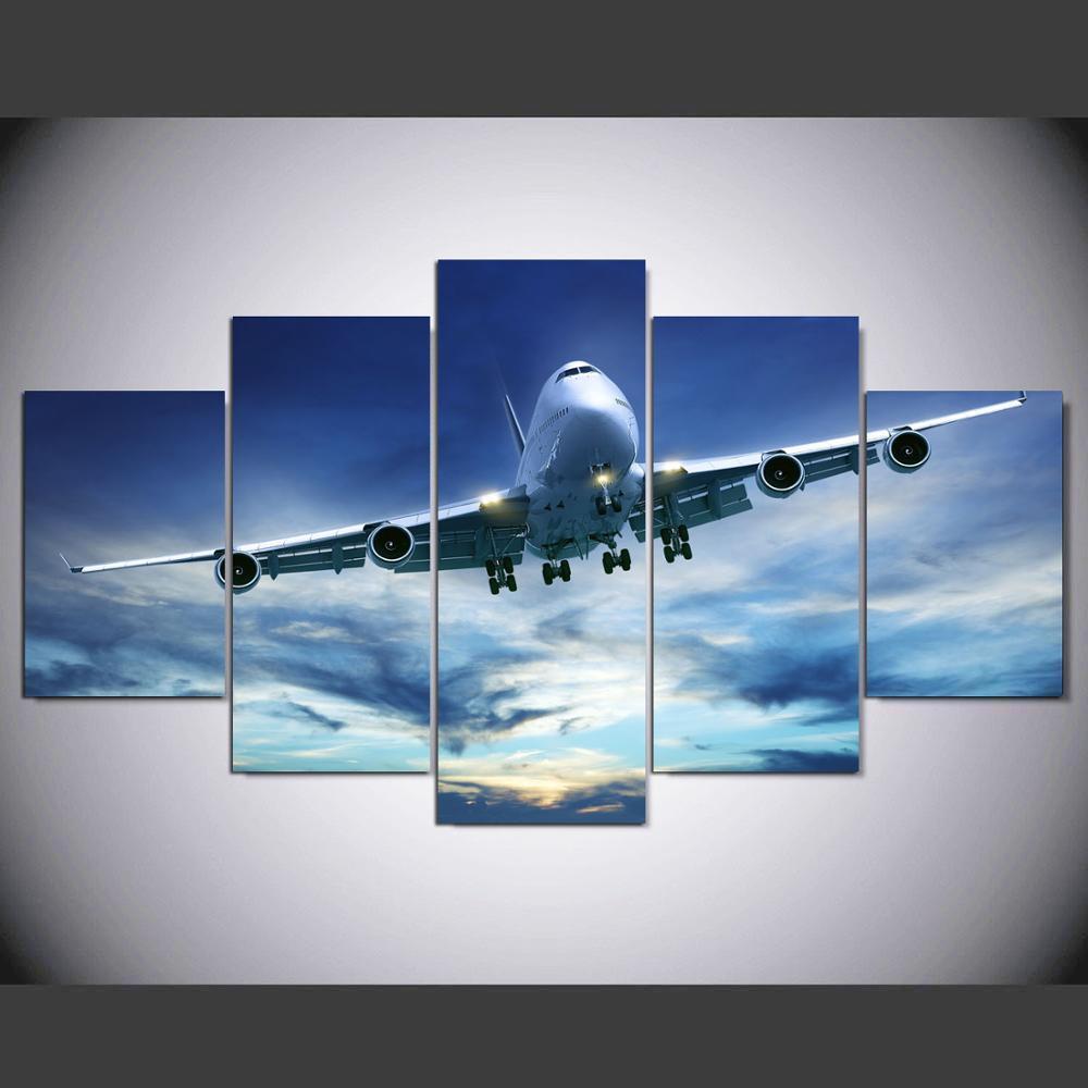 Blue Sky Aircraft Cool - Airplane 5 Panel Canvas Art Wall Decor Blue Sky Aircraft Cool - Airplane 5 Panel Canvas Art Wall Decor
