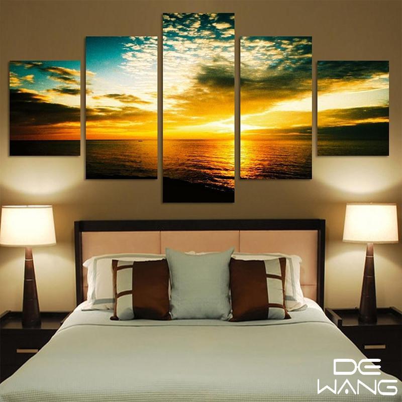Blue Sky And Ocean Sunset - Nature 5 Panel Canvas Art Wall Decor Blue Sky And Ocean Sunset - Nature 5 Panel Canvas Art Wall Decor