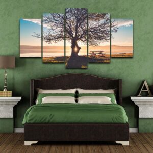 Blue Sky Tree Silhouette Natural Landscape - Nature 5 Panel Canvas Art Wall Decor