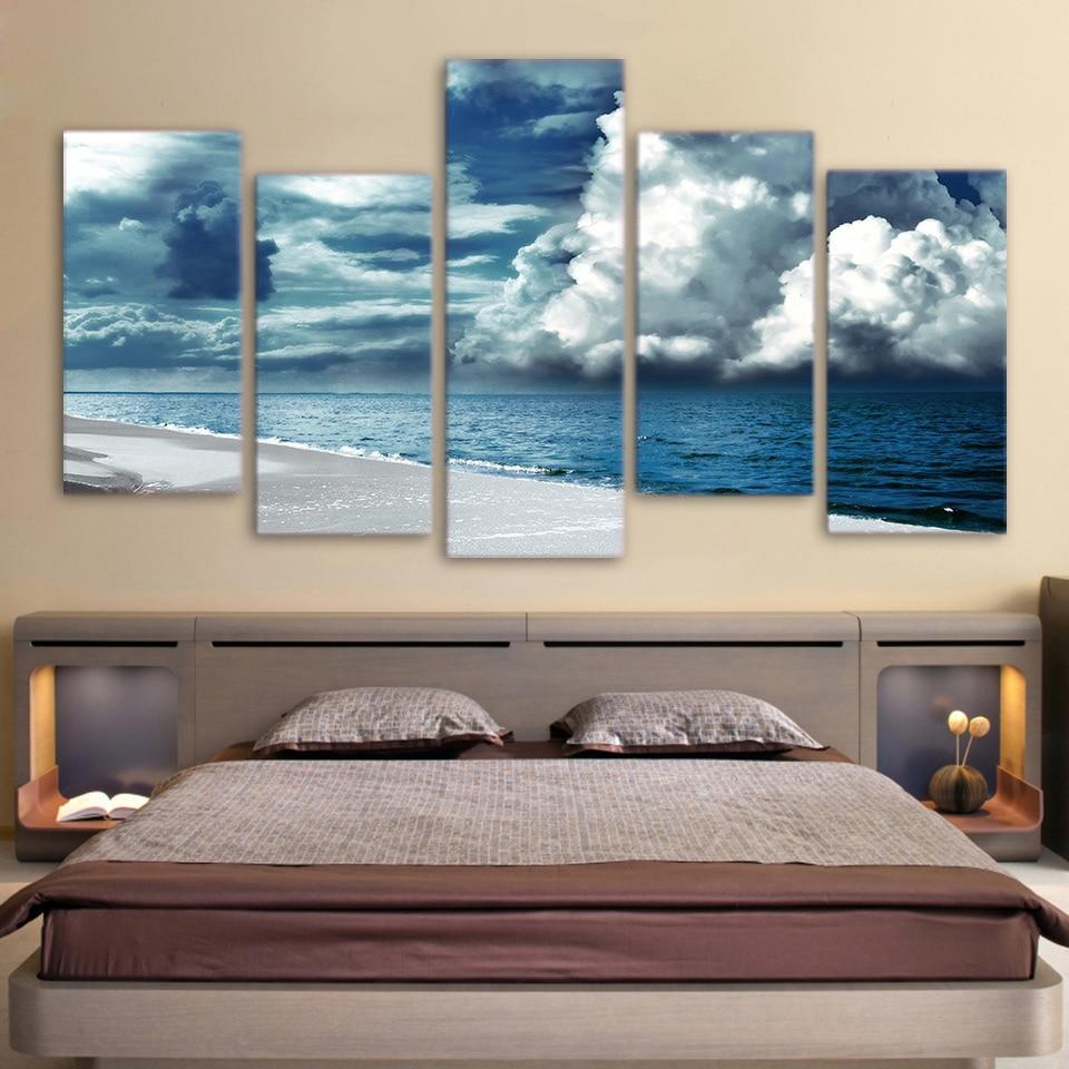 Blue Sky White Cloud And Beach - Nature 5 Panel Canvas Art Wall Decor Blue Sky White Cloud And Beach - Nature 5 Panel Canvas Art Wall Decor