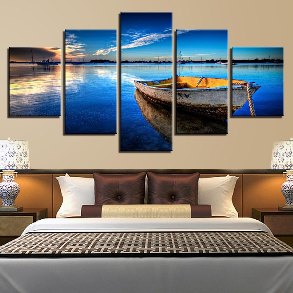 Blue Sky White Cloud Ship River - Nature 5 Panel Canvas Art Wall Decor Blue Sky White Cloud Ship River - Nature 5 Panel Canvas Art Wall Decor