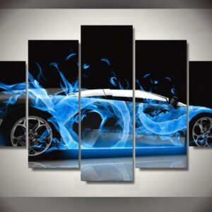 Blue Sports Exotic Car Fire Smoke - Automative 5 Panel Canvas Art Wall Decor