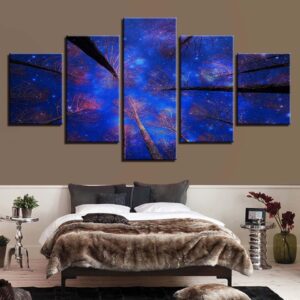 Blue Starry Sky Woods Trees Night - Nature 5 Panel Canvas Art Wall Decor