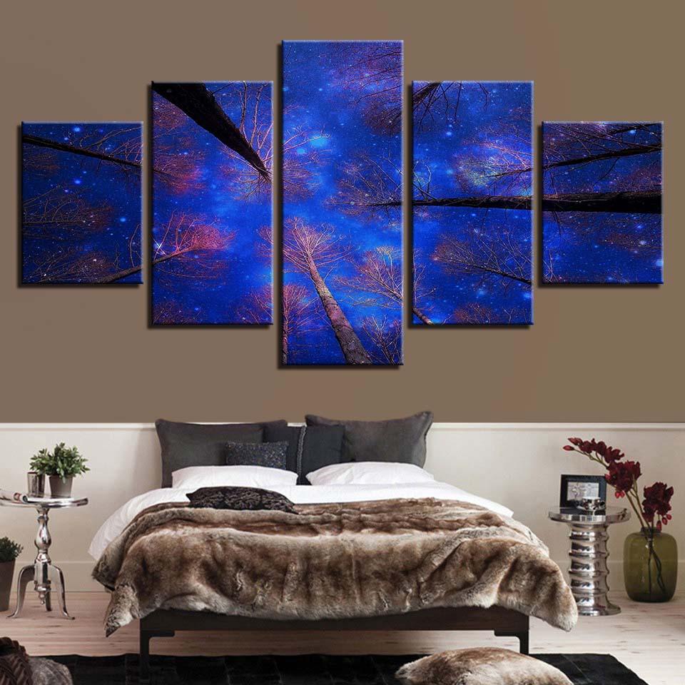 Blue Starry Sky Woods Trees Night - Nature 5 Panel Canvas Art Wall Decor Blue Starry Sky Woods Trees Night - Nature 5 Panel Canvas Art Wall Decor