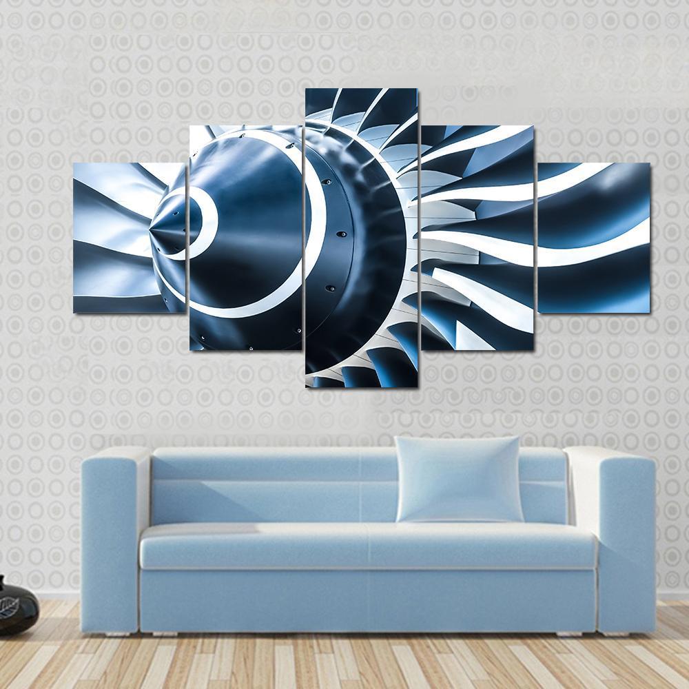 Blue Tone Jet Engine Blades Closeup - Automative 5 Panel Canvas Art Wall Decor Blue Tone Jet Engine Blades Closeup - Automative 5 Panel Canvas Art Wall Decor